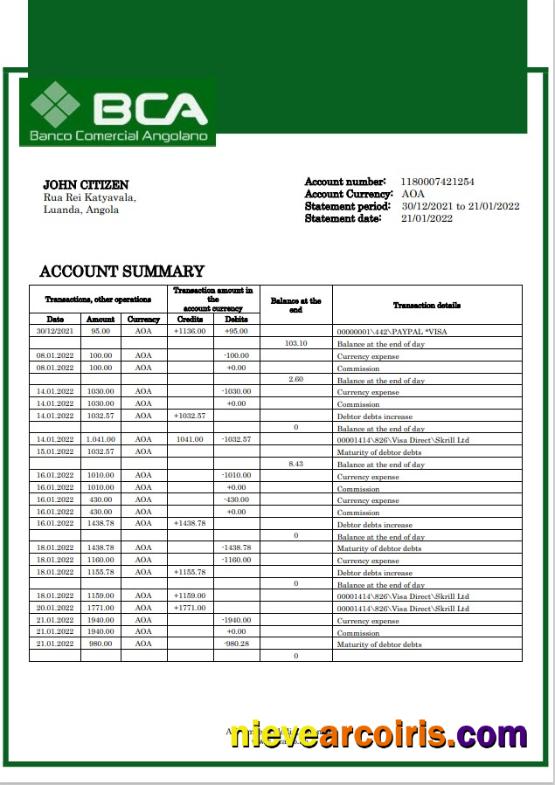Angola Banco Comercial Angolano bank statement
